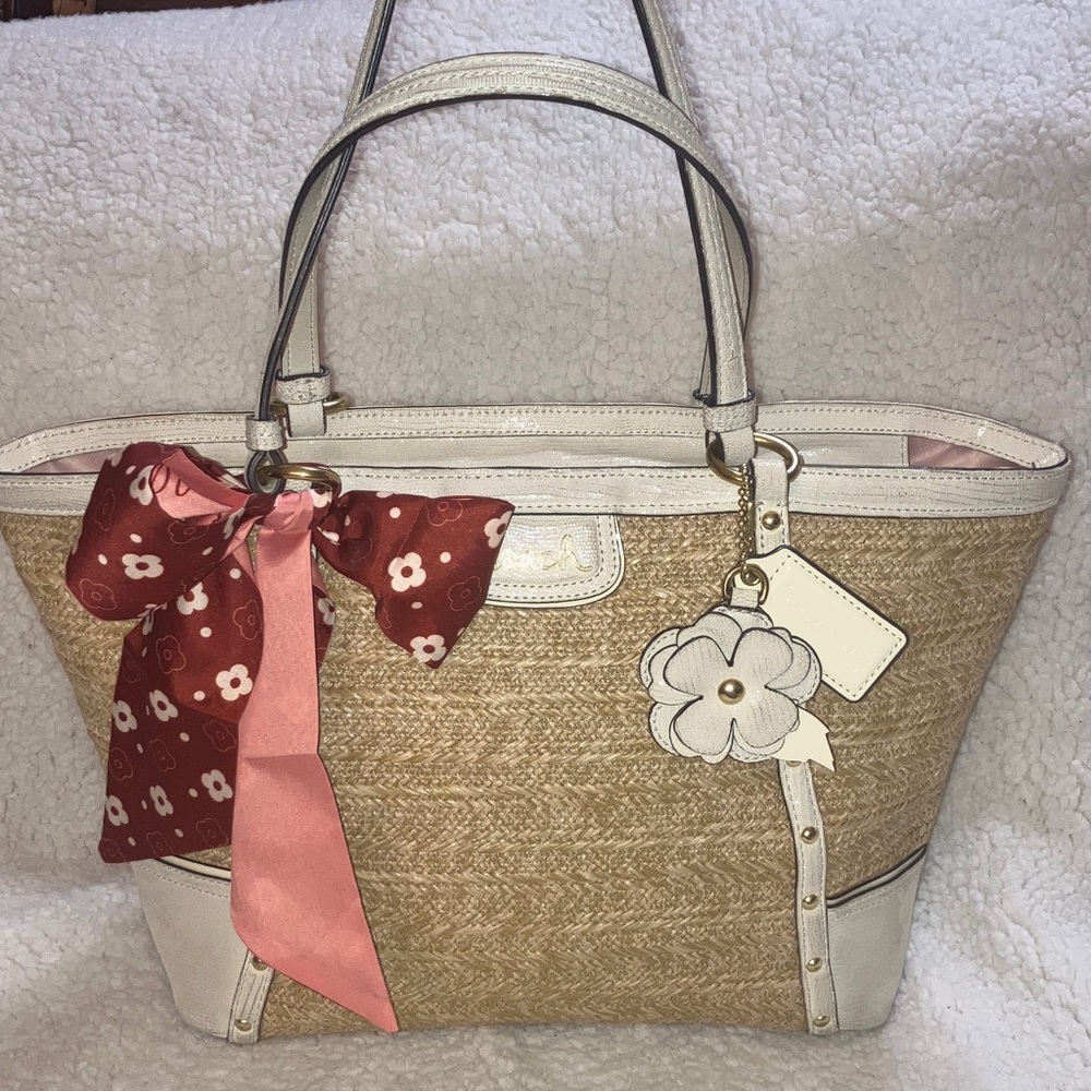 Coach Alexandra Straw python leather trimmed Tote… - image 1